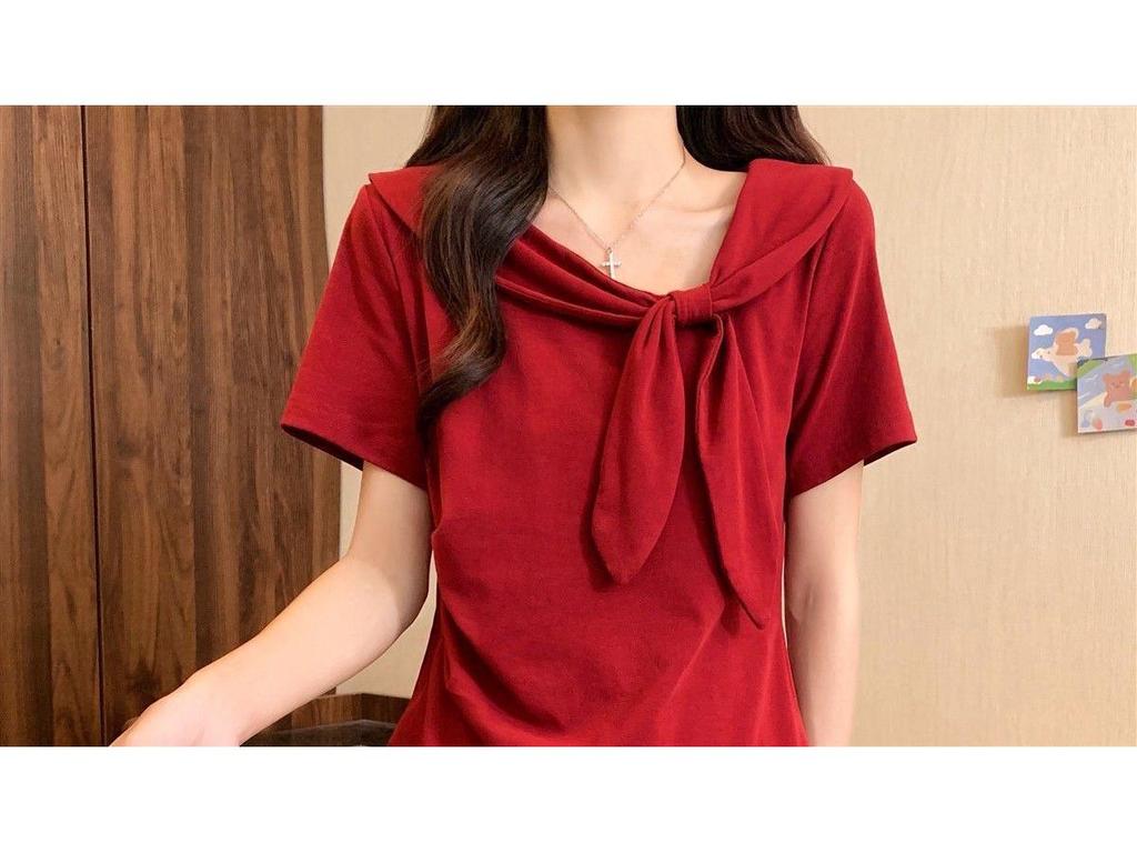 Navy Bow Collar Plus Size Short Sleeve T-Shirt - Women's Loose Fit Summer Top