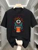 Trendy Patterned T-shirt Featuring a One-eyed Monster Holding a Coffee Cup, Adorned with Coffee Beans and Leaves, Perfec