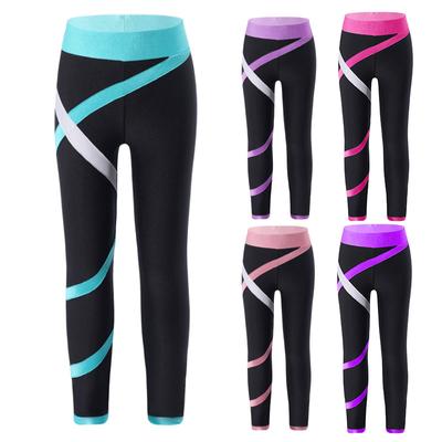Girls Ice Skating Sport Pants: Colorblock Close-fitting Stretchy Leggings for Figure Skating Practice & Performance