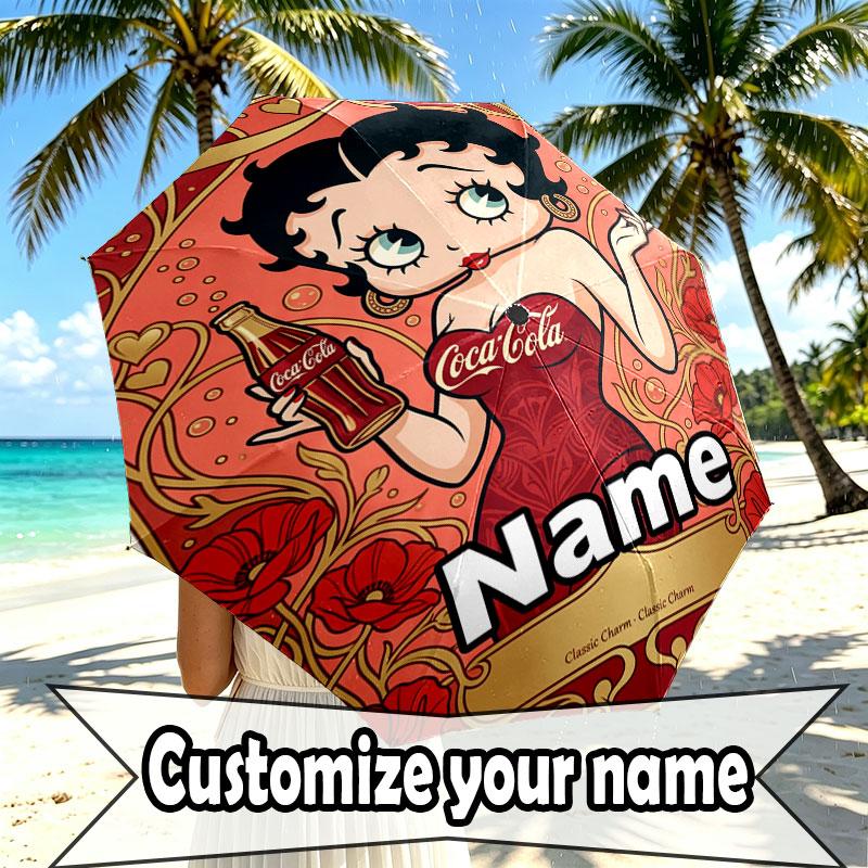 Spersonalizowany Parasol z Nadrukiem Betty Boop z Imieniem, Automatyczne Otwieranie i Zamykanie, Wytrzymały Stelaż z 8 Żebrami, do Codziennego Użytku, na Kemping i Piesze Wycieczki, Prezent Urodzinowy