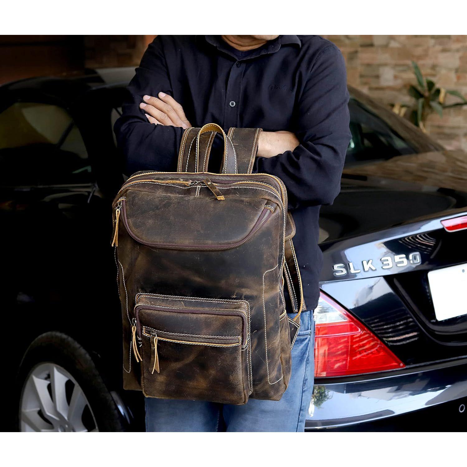 Gimenale - Grand sac à dos unisexe en cuir marron foncé et noir G12-01-MFN