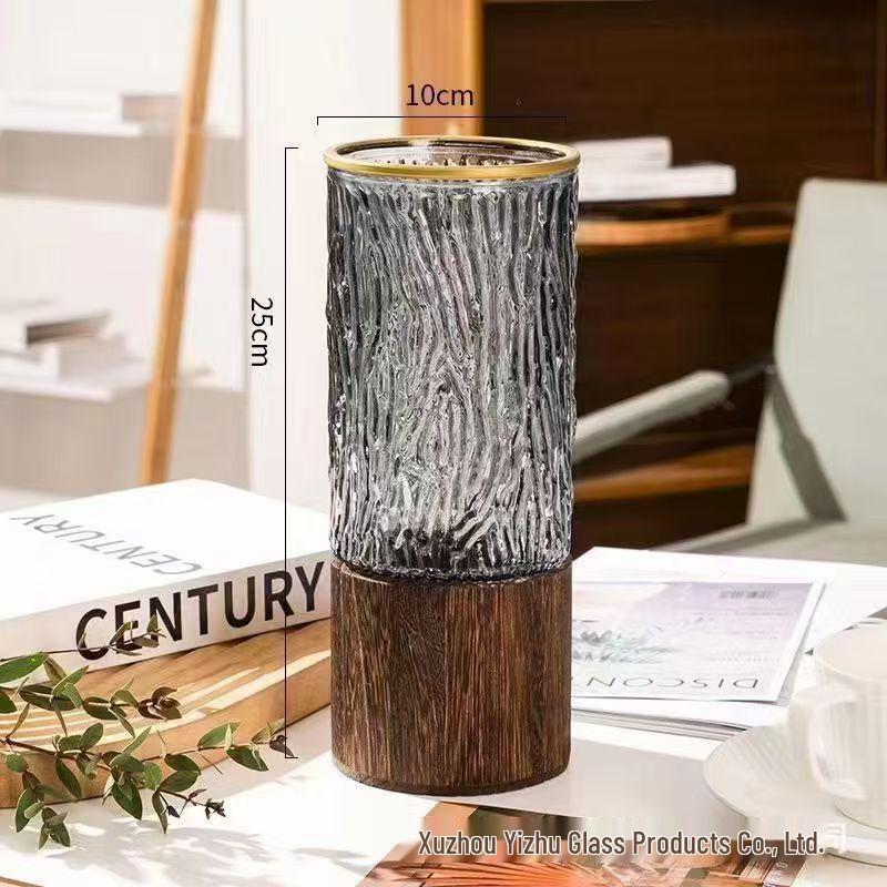Nordic Wooden Stem Holder Glass Vase for Hydroponic Roses & Bamboo