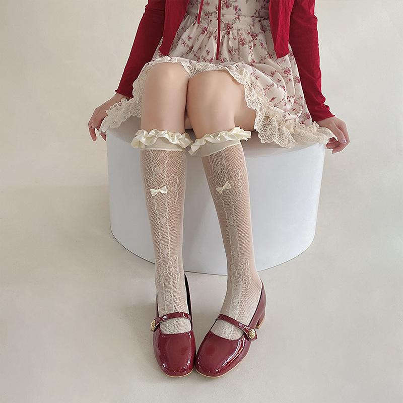 

Кружевные носки, Женские кружевные носки до середины икры с бантом, Летние тонкие жаккардовые сетчатые белые длинные до икры 1 pair бежевый