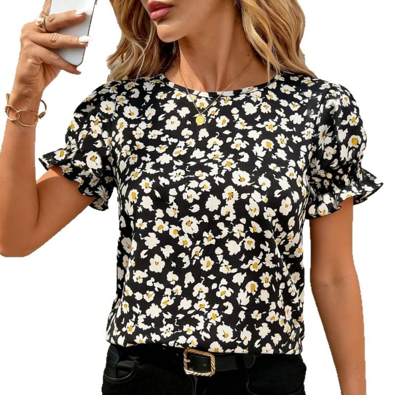 Summer New Floral Shirt Women's Bubble Lace Short Sleeve Fashionable Versatile Printed Top