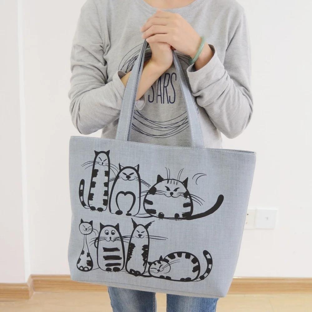 Cartoon Cat Printed Beach Zipper Bag Women Fashion Canvas Tote Bag Shopping Handbag
