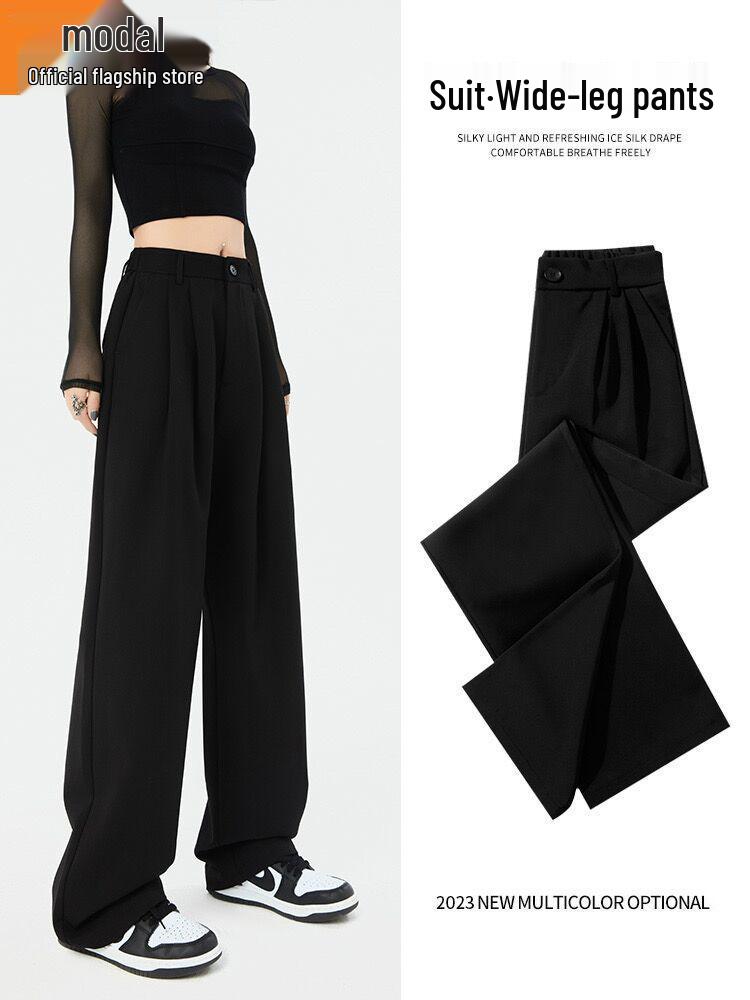 Women's High-Waisted Wide-Leg Black Pants for Spring/Autumn 2025 – Loose, Straight, Casual Suit Pants