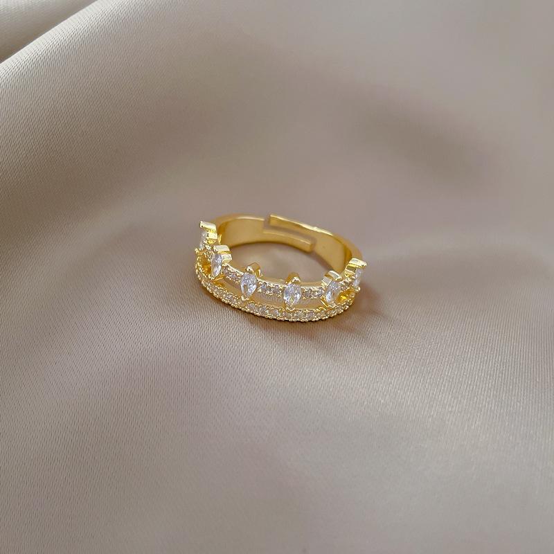 Real Gold Full Diamond Double-Layer Wedding Ring Ring Opening Adjustable Simple Jewelry Japanese Ring Couple Ring
