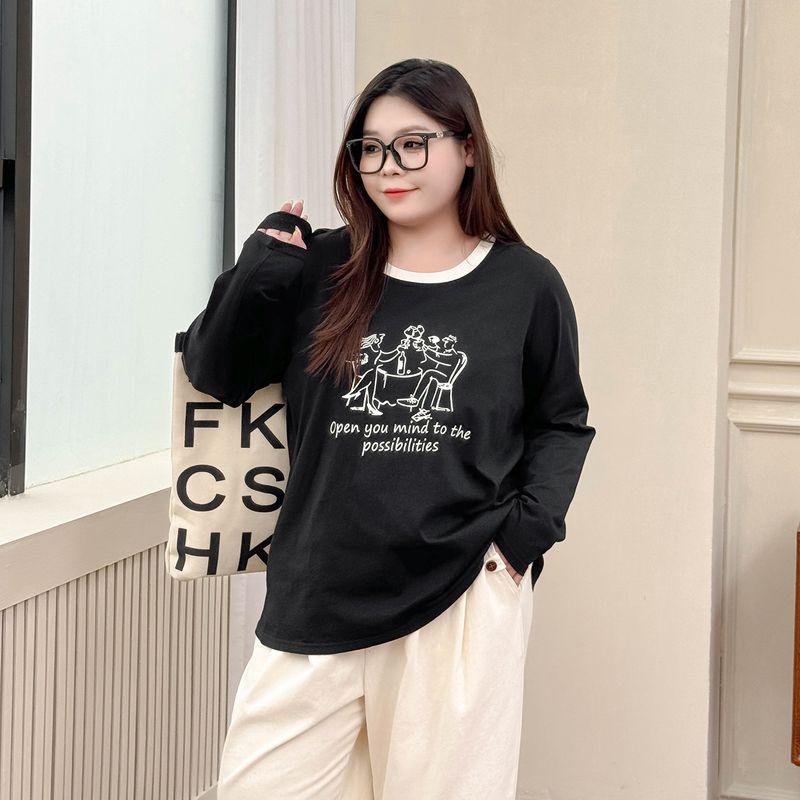 

Plus size women clothing [Hong Kong Flavor Contrast Color T-shirt] Early Autumn New round Neck Cartoon Print 100.00kg Long sleeve Bottoming Shirt