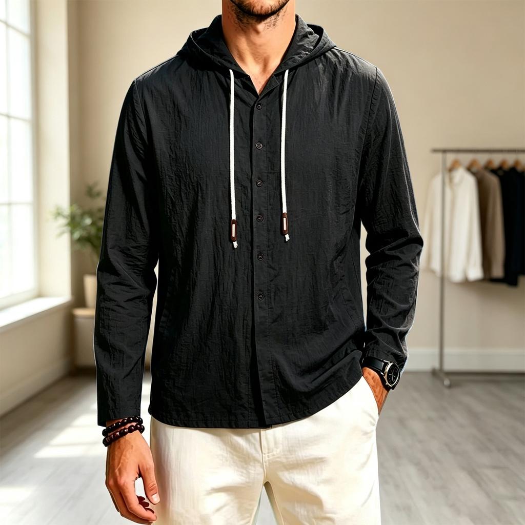 Men's Color Hooded Long Sleeve Casual Loose Fit Shirt