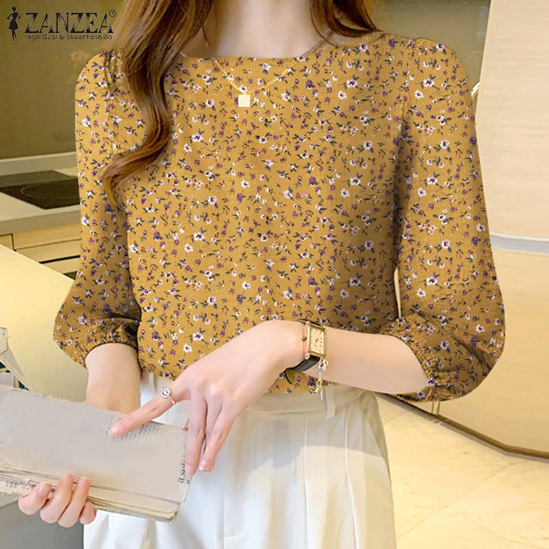 ZANZEA Women Casual Elastic Small Floral Cuffs Rubber Band Daily Blouses