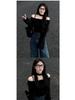 American Black One-Shoulder Ribbed Fleece Long-Sleeve Slim-Fit Women's T-Shirt - New Autumn Design