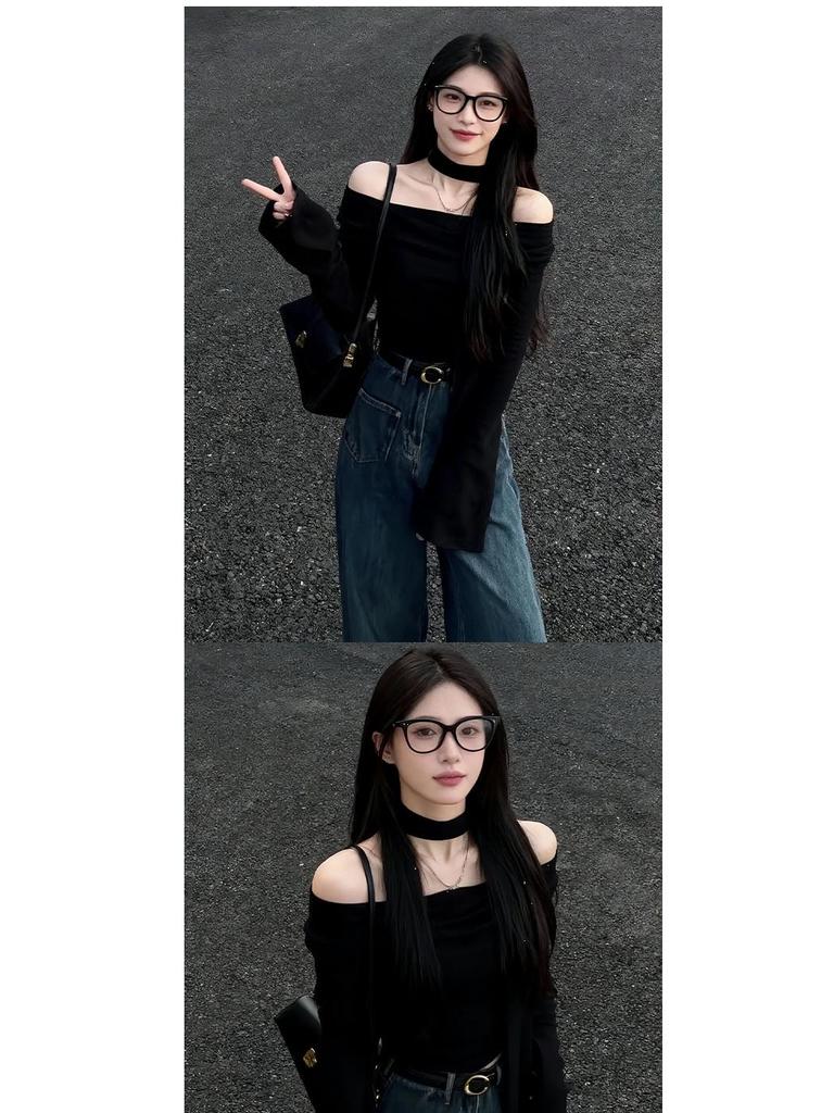 American Black One-Shoulder Ribbed Fleece Long-Sleeve Slim-Fit Women's T-Shirt - New Autumn Design