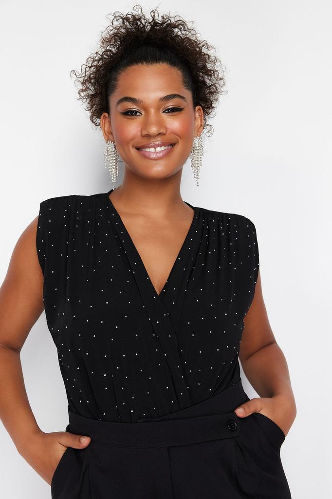 Damen Stil Übergröße Gestrickter Body mit Schwarzem Stein Detail