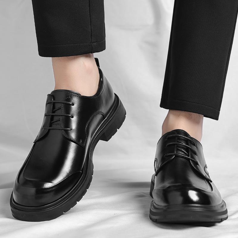 Solid Color Lace Platform Leather Shoes for Men Fashion New Designer Casual Shoes Male Wedding Suit Groom's Shoe