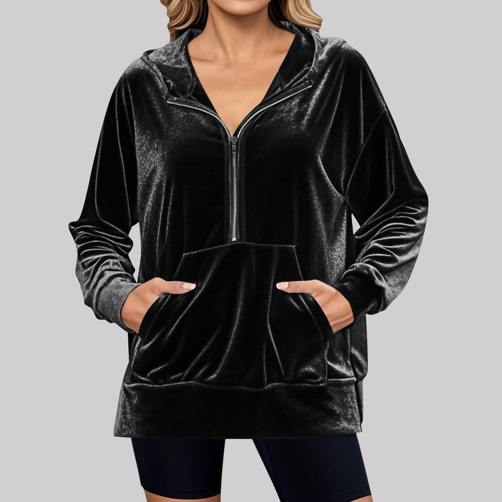 Damen Einfarbig Kapuzenpullover Locker Langärmlig Reißverschlusstasche Gold Samt Oberteil Sweatshirt