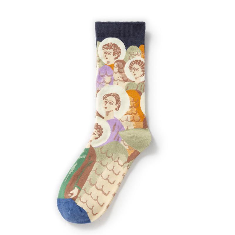 French Retro Abstract Oil Painting Mid-Calf Socks - Trendy Autumn/Winter High-Top Creative Combed Cotton for Women
