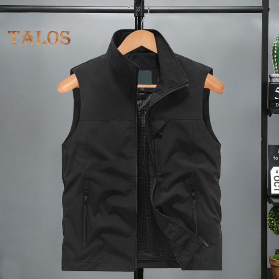 Pánská vesta stojáček límec bez rukávů vesta se zapínáním na zip kabát s velkými kapsami jednobarevná outdoorová rybářská vesta