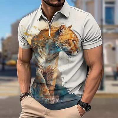 Men's Shirt Polo Casual Zip Short Sleeve Fashion Casual Zipper Summer Spring Regular Fit Animal Prints 3D Print Shirt