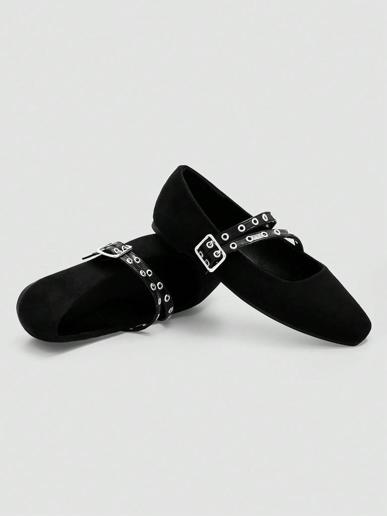 Black Double Buckle Strap Mary Jane Shoes, Retro Silver Ring Buckle Design