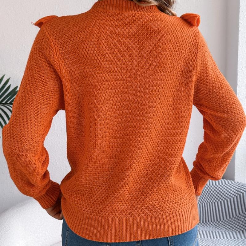 Elegantní jednobarevný pulovr se volánky a dlouhým rukávem