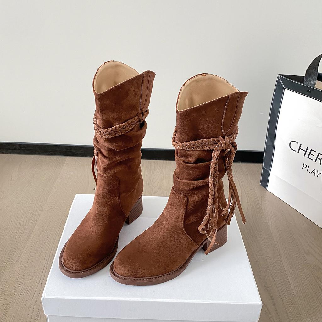 Spring and Autumn Platform Boots Women's Discarded Retro Style Knight Boots Frosted Tassel Hemp Rope Coarse Heel Medium Boots Women's Boots