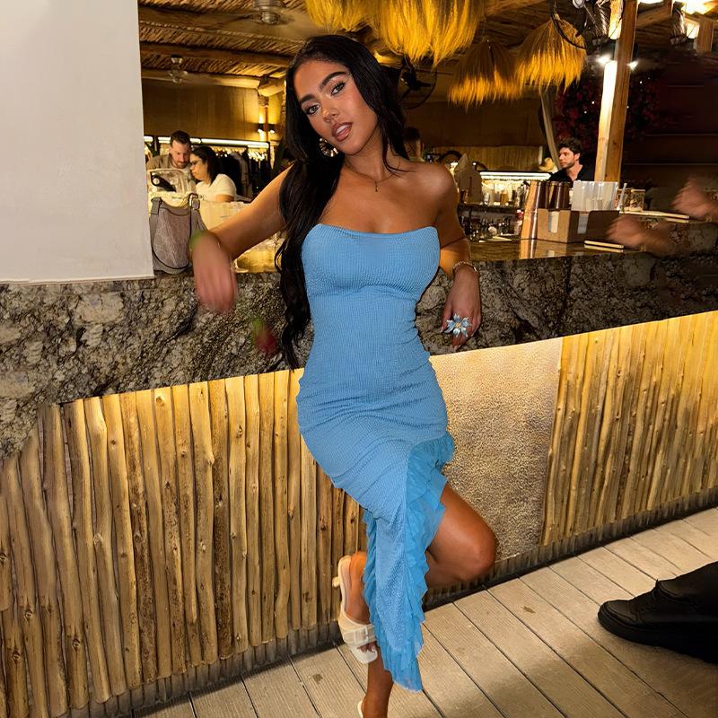 

European and American style women s clothing summer new sexy tube top slim and thin irregular skirt lace edge Spice girl dress S синий