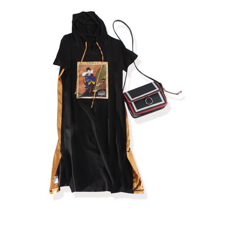 

Hong Kong Weiyang Girl Summer Acetate Rayon Hooded Sweater Dress Beauty Pictures Color Beaded over the Knee Dress Light Black XXL suitable for 65.00kg