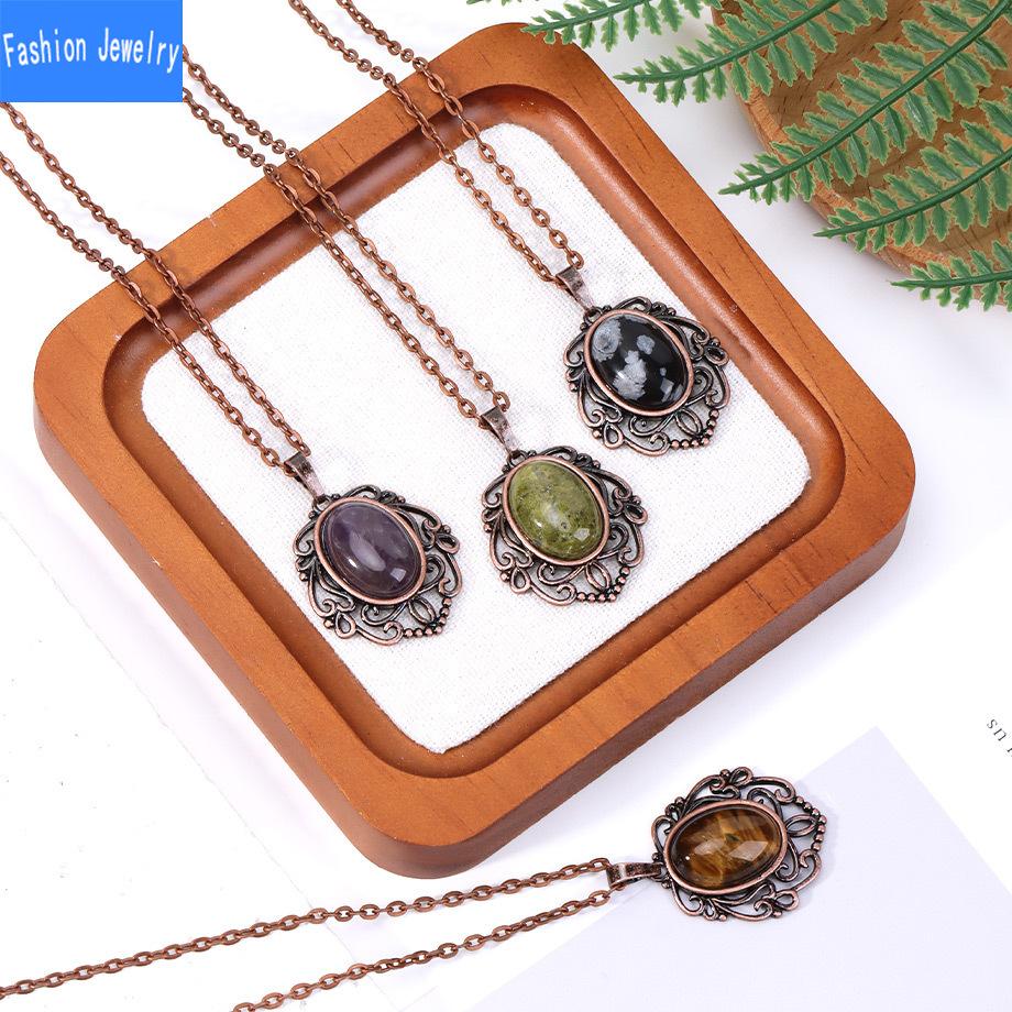 European and American retro personalized fashion hollow lace natural crystal stone water drop pendant green aventurine necklace jewelry