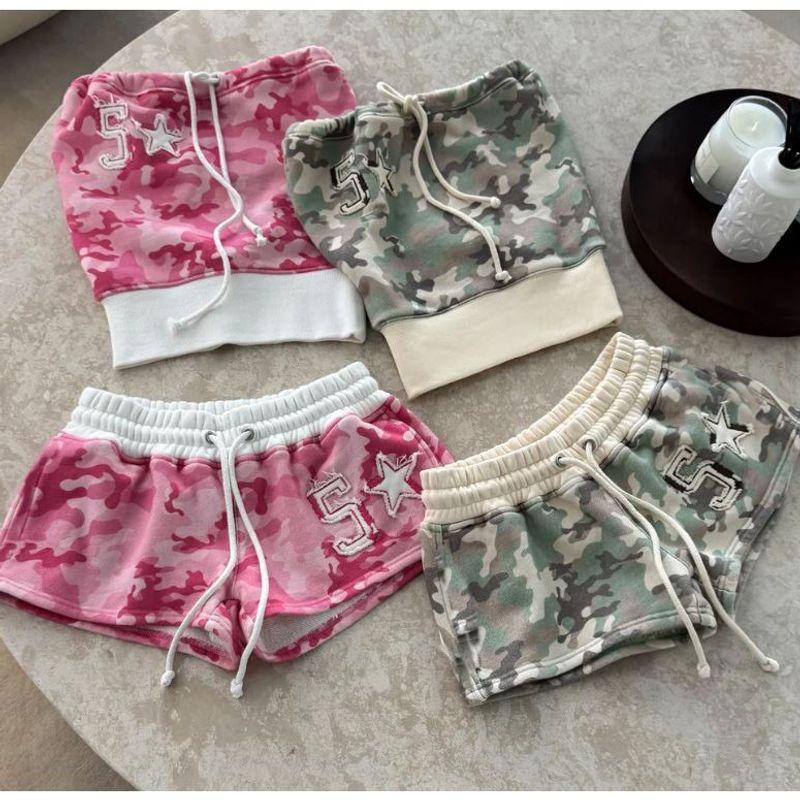 

American Street Contrast Color Waist Hugging Camouflage Characteristic Hoodie Casual Straight Sweatpants Fashion Set two piece Women Pink XS