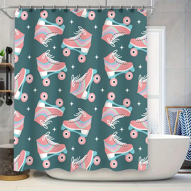 Retro Skateboard Pattern Shower Curtain Roller Skates Design Bathroom Decor for Kids Room Blue Pink Colorful Plaid Print Made in