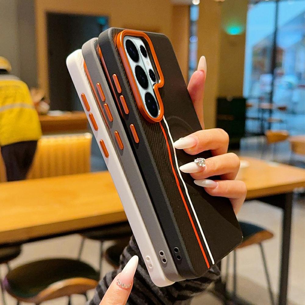 For Samsung Galaxy S26 Ultra Magnetic Case Dual Color Line Leather Coated PC + TPU Phone Cover