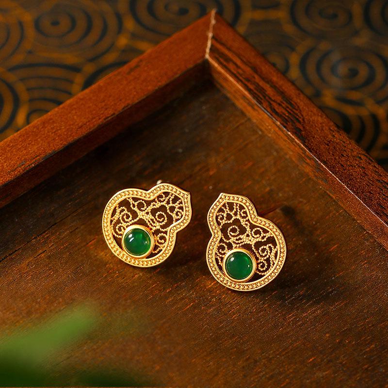 

New Chinese Gourd Fulu Filigree Stud Earrings: Stylish High-End Emerald Design Gold Plated