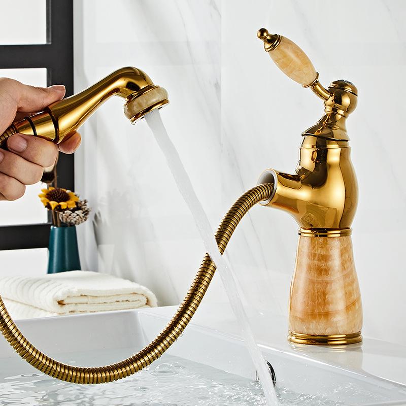 Rose Gold Bathroom Basin Faucets Jade Washroom Basin Sink Tap Mixer Hot Cold Faucet Pull Out Sink Faucet