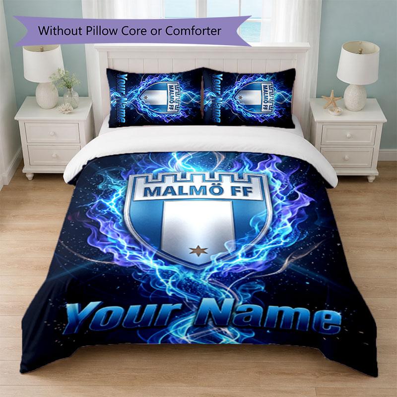 Malmö FF Custom Name Text Bedding Set 1 Duvet Cover+2 Pillowcases Soccer Logo Personalized Gift For Special Occasion Bedroom Decor