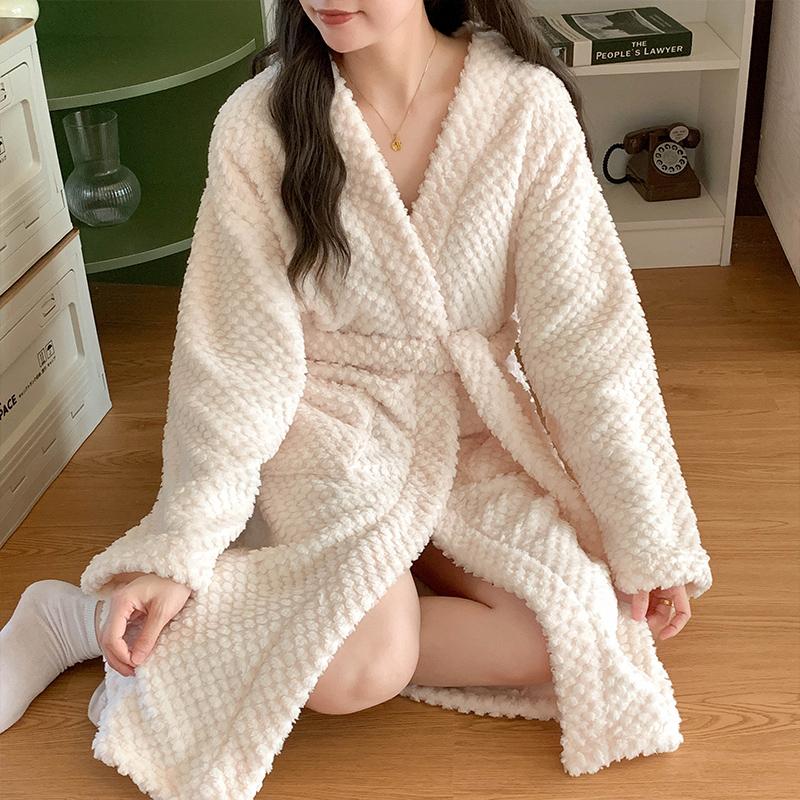 Solid ColorCoral Fleece Nightdress Women Winter Sweet Princess Sleepwear Bathrobe Thickened Flannel Pajamas Women Homewear Dress