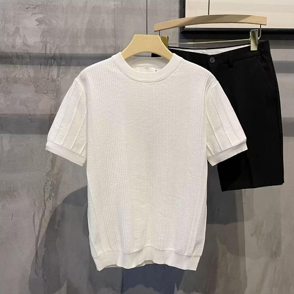 Męski letni T-shirt z dzianiny z krótkim rękawem, dopasowany krój slim fit, okrągły dekolt z lodowego jedwabiu