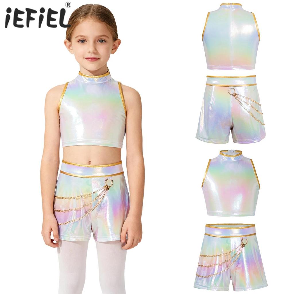 תלבושת משחק תפקידים של ציידת האנטר לבנות, תחפושות למסיבת קוספליי לליל כל הקדושים, גופיית טנק ללא שרוולים מבריקה מטאלית, חגורה, שרשרת מותן, מכנסיים קצרים