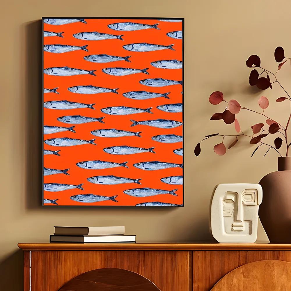 Kolorowe Sardynki Homary Zwierzęta Morskie Druki na Płótnie Retro Niebieska Ryba Plakaty Wall Art do Nowoczesnego Salonu Baru Dekoracja Domu