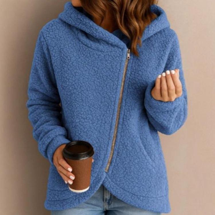 Fuzzy Hooded Sherpa Coat Womens Fleece Jacket Long Sleeve Oblique Zip Up Fall Winter Outerwear With Pockets