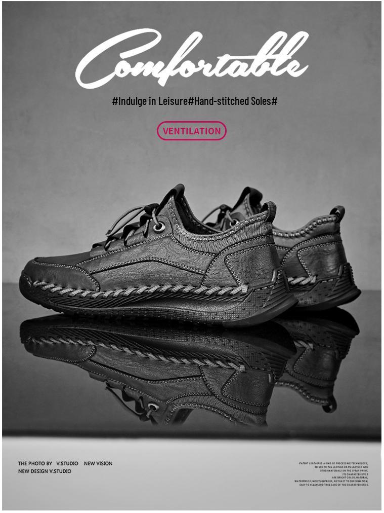 Men's Lazy Elastic Band Stitching Leather Shoes - Stylish Low-top Slip-On Sports Sneakers for Spring and Autumn.