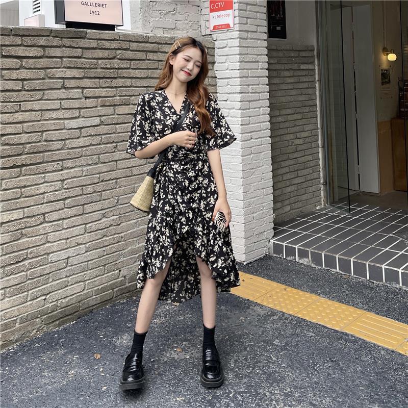 Floral Dress Medium and Long Women's Clothing New Summer Irregular Short-sleeved Skirt Waist and Thin Design