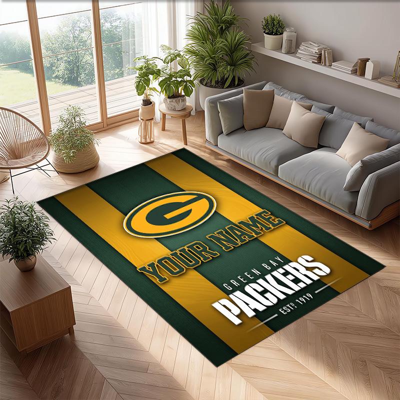 Green Bay Packers Crystal Velvet Rug, Custom Name Text Personalized Non‑Slip Floor Mat for Home Decor Gift