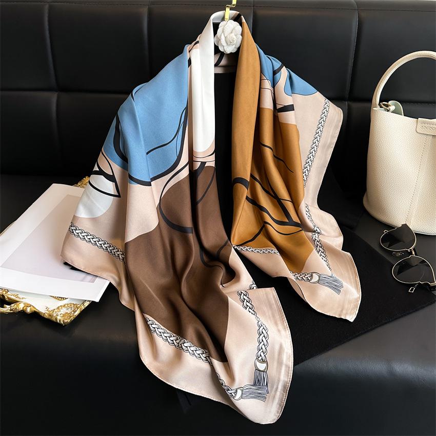 Women's Retro Twill Silk Scarf - 90cm Versatile Shawl for Travel & Sun Protection