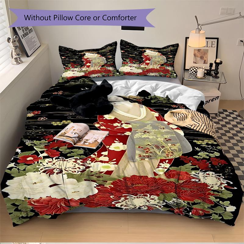 3pcs Anime Geisha Comforter Set with One Quilt Cover and Two Pillowcases (No Core), Bedroom Decor - Perfect Gift for Anime Lovers - Polyester Fabric -