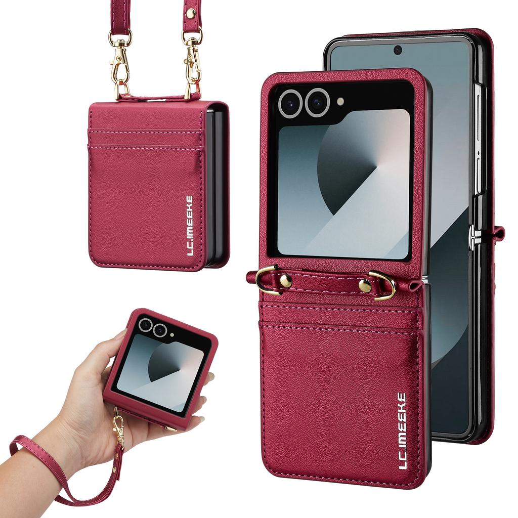Crossbody Cards Solt Wallet Leather Case For Samsung Galaxy Z Flip 7 6 5 4 5G 3 7FE Flip7 Bag Strap Long Lanyard Business Cover