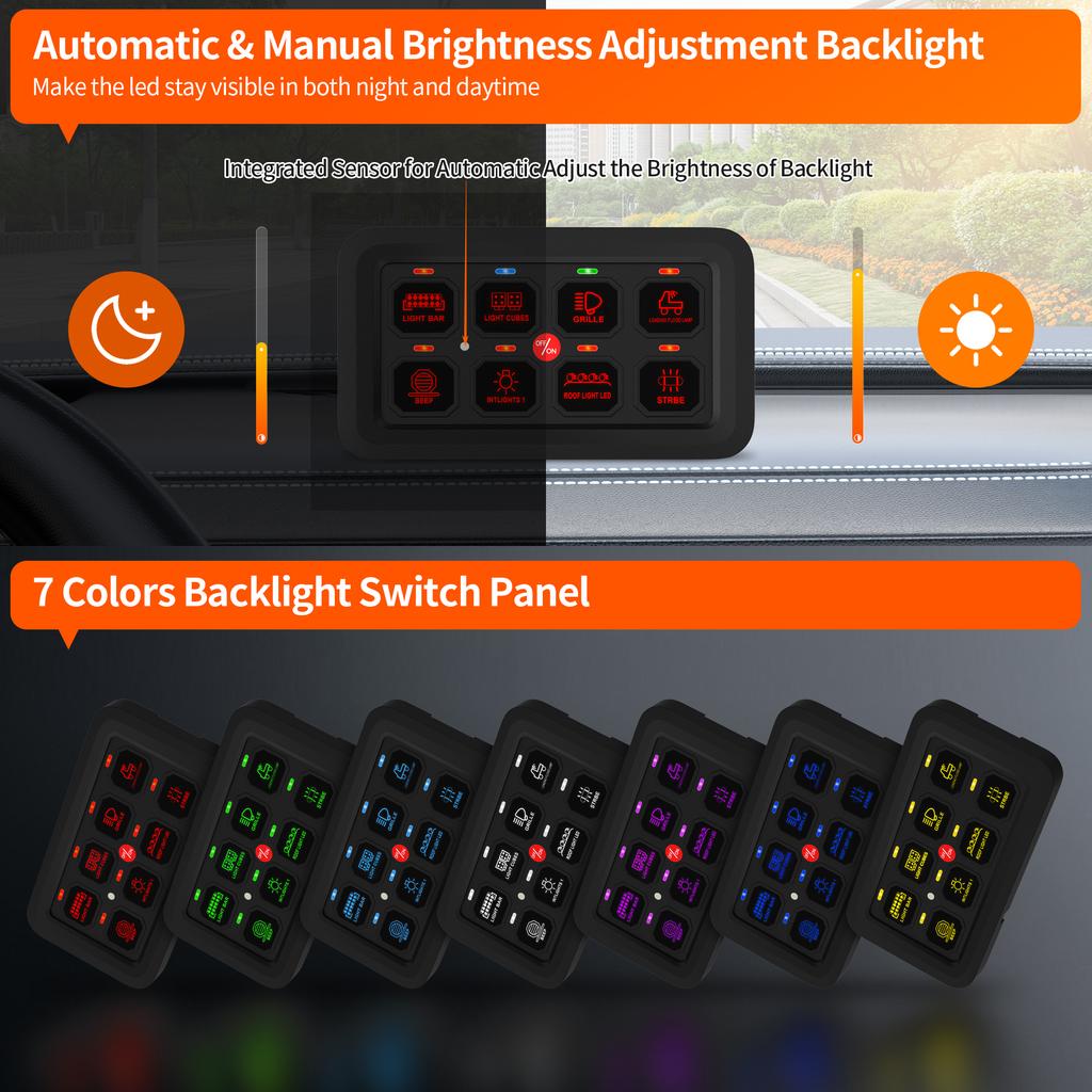 DaierTek 8 Gang Switch Panel Universal Circuit Control Relay System Box with Automatic Dimmable On-Off LED Switch Pod Box For RV