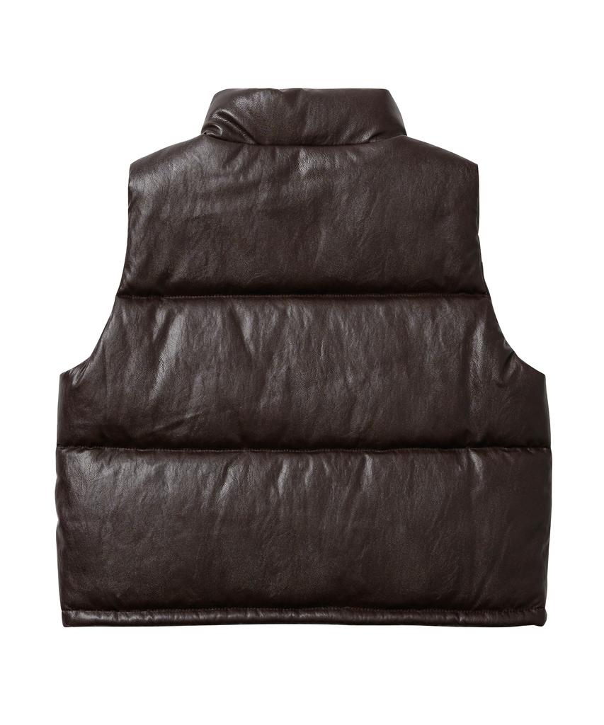 Leftseoul Synthetic Leather Short Padded Vest [Brown]