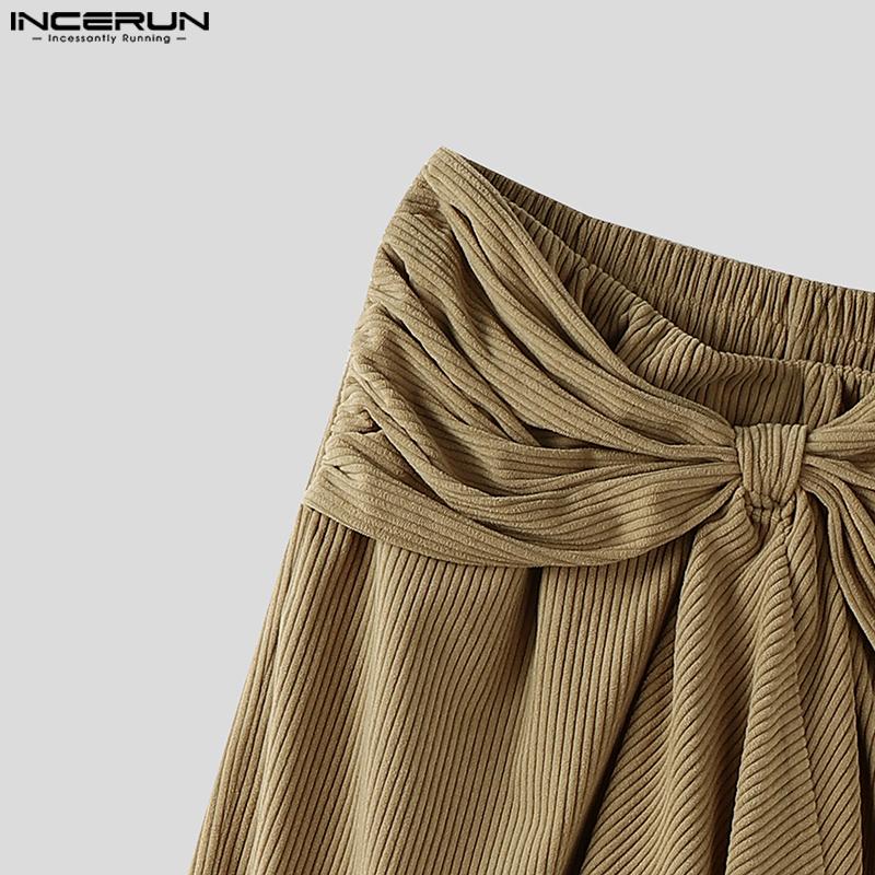 INCERUN Autumn Winter Men Twisted Ruffled Waist Solid Color Casual Corduroy Long Pants