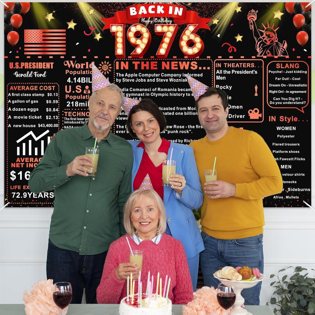 Back In 1976 Red and Black 50th Birthday Decorations Happy 50th Birthday Banner Vintage Birthday 50 Years Ago Backdrop Theme Decor 50th Gifts for Man