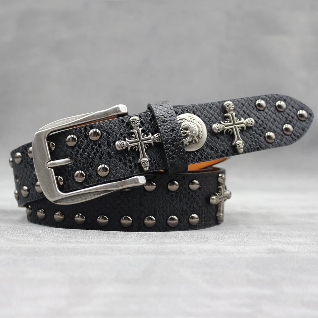 7-Color Original Cross Skull Rivet Belt Punk Men'S Belt Women'S Snake Pattern Decorative Belt